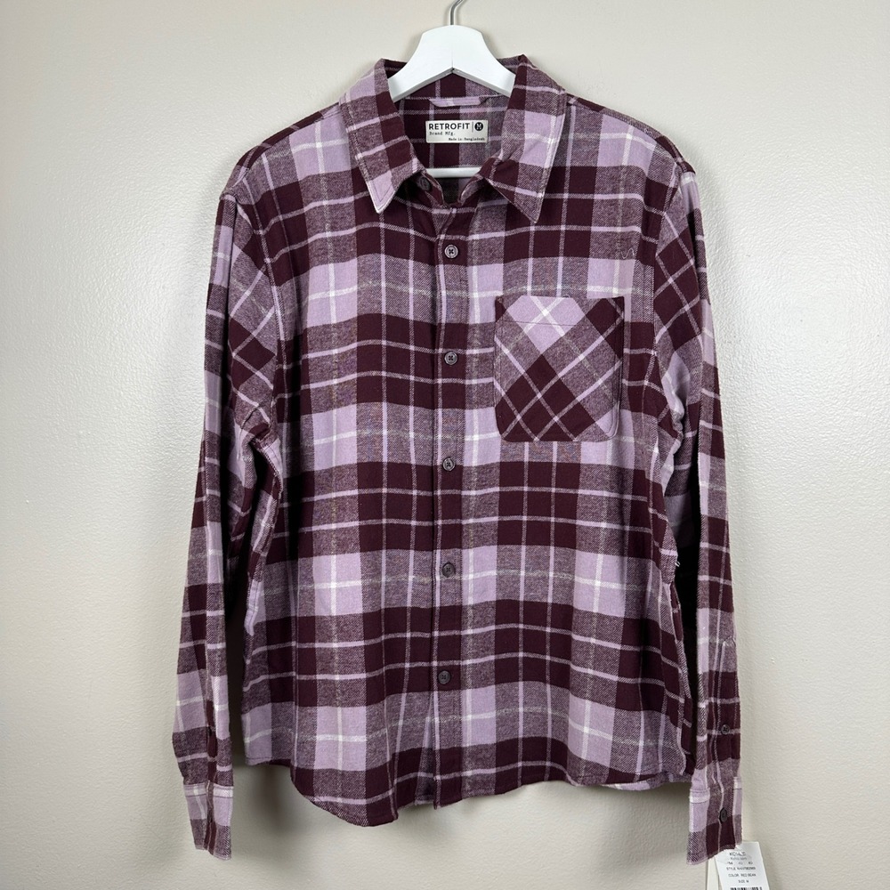 Retrofit Men's Medium Flannel Shirt Red Bean Lavender Plaid Long Sleeve NEW